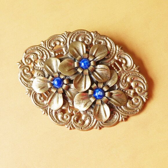 Antique Victorian Gold Tone Filigree Brooch – Ornate Floral Pin With Blue Stones - Picture 1 of 3